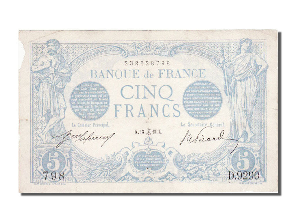 France, 5 Francs, 5 F 1912-1917 ''Bleu'', 1915, KM #70, 1915-12-13, AU(55-58),..