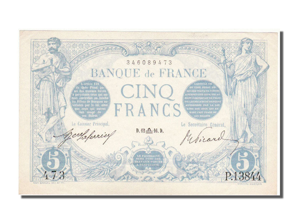 Banknote, France, 5 Francs, 5 F 1912-1917 ''Bleu'', 1916, 1916-09-12, UNC(63)