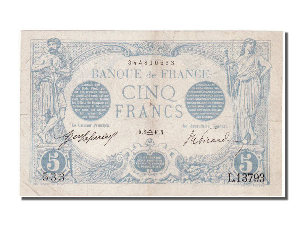 France, 5 Francs, 5 F 1912-1917 ''Bleu'', 1916, KM #70, 1916-09-08, VF(30-35),..