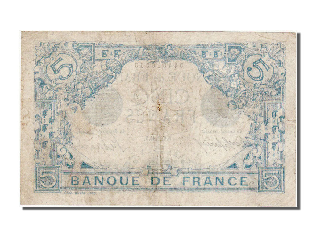 France, 5 Francs, 5 F 1912-1917 ''Bleu'', 1916, KM #70, 1916-09-08, VF(30-35),..