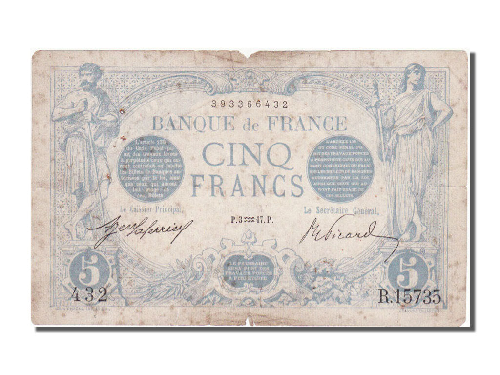 France, 5 Francs, 5 F 1912-1917 ''Bleu'', 1917, KM #70, 1917-01-03, VF(20-25),..