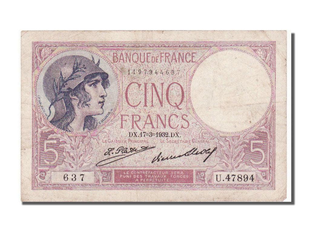 France, 5 Francs, 5 F 1917-1940 ''Violet'', 1932, KM #72d, 1932-03-17,...