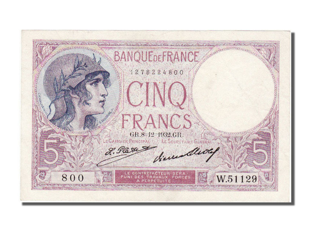 Geldschein, Frankreich, 5 Francs, 5 F 1917-1940 ''Violet'', 1932, 1932-12-08