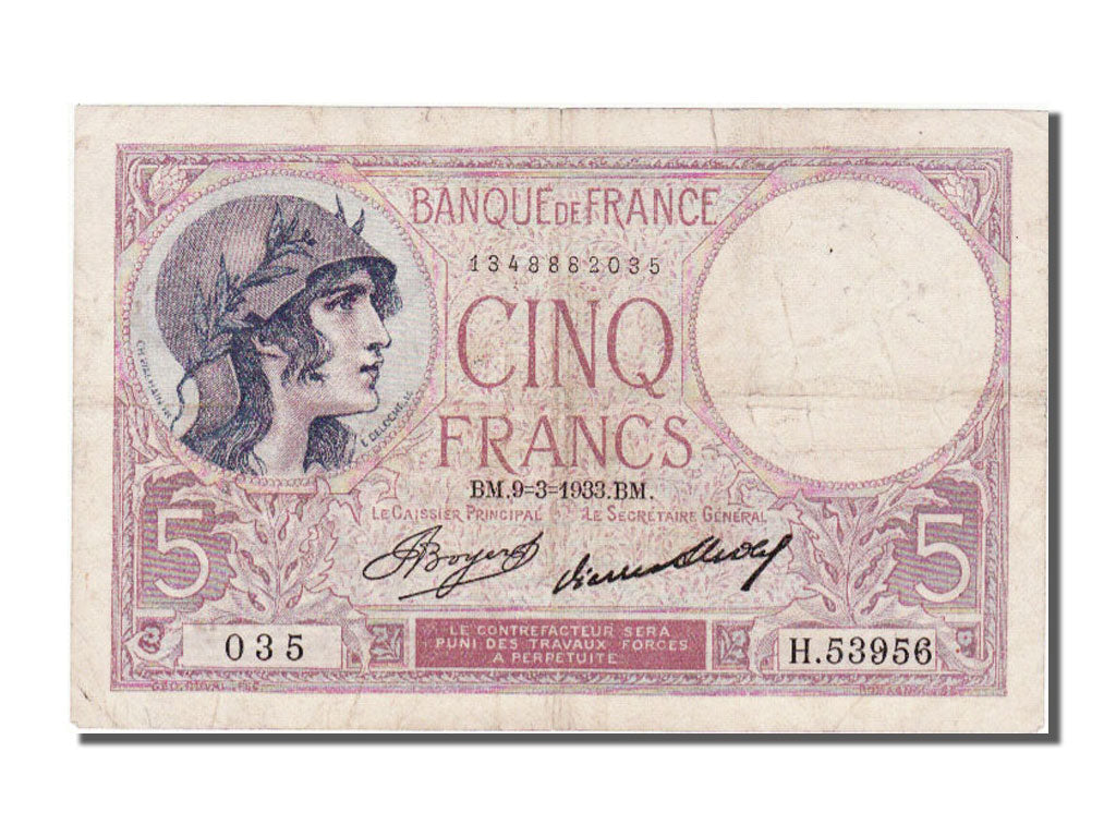 France, 5 Francs, 5 F 1917-1940 ''Violet'', 1933, KM #72e, 1933-03-09,...