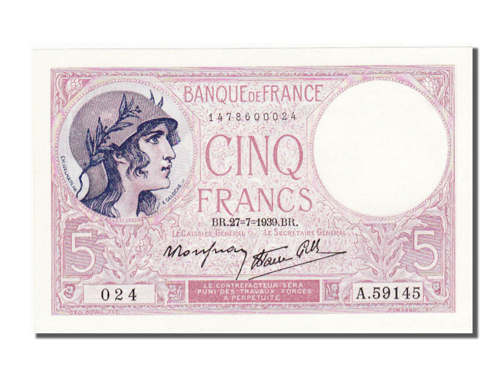 France, 5 Francs, 5 F 1917-1940 ''Violet'', 1939, KM #83, 1939-07-27,...