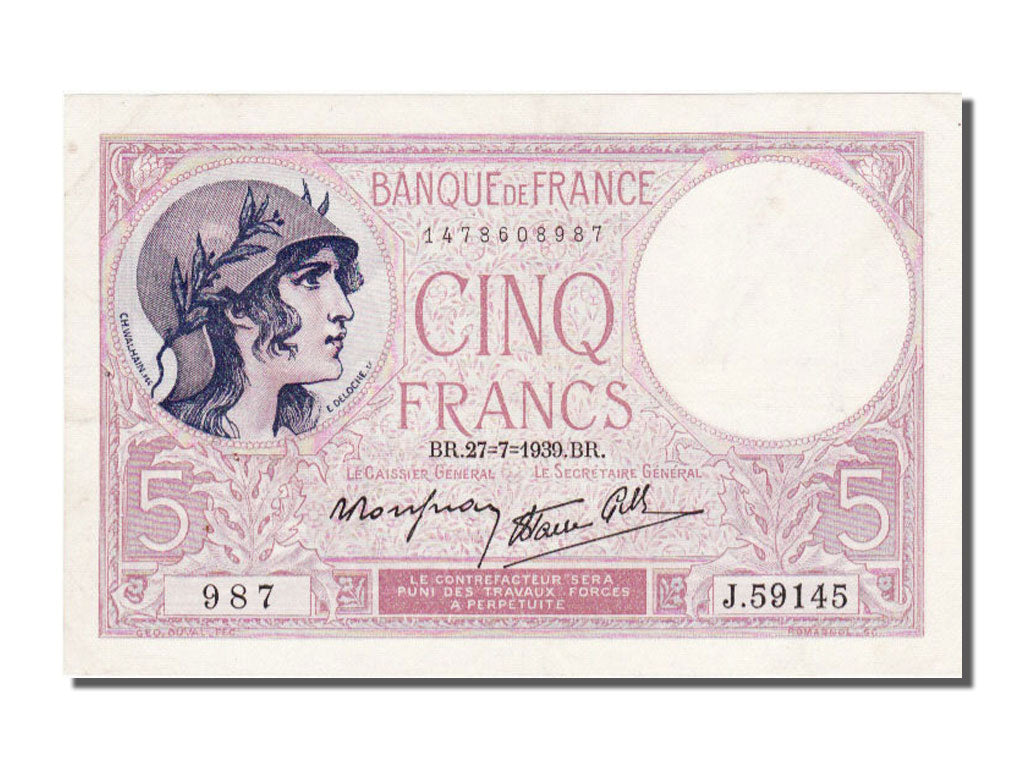 France, 5 Francs, 5 F 1917-1940 ''Violet'', 1939, KM #83, 1939-07-27,...