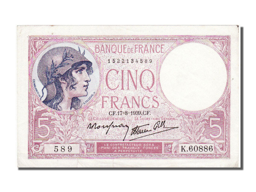 France, 5 Francs, 5 F 1917-1940 ''Violet'', 1939, KM #83, 1939-08-17,...
