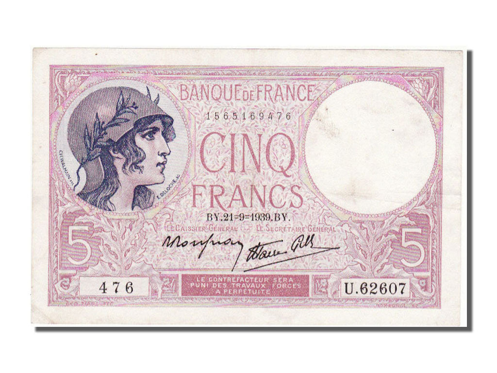 France, 5 Francs, 5 F 1917-1940 ''Violet'', 1939, KM #83, 1939-09-21,...