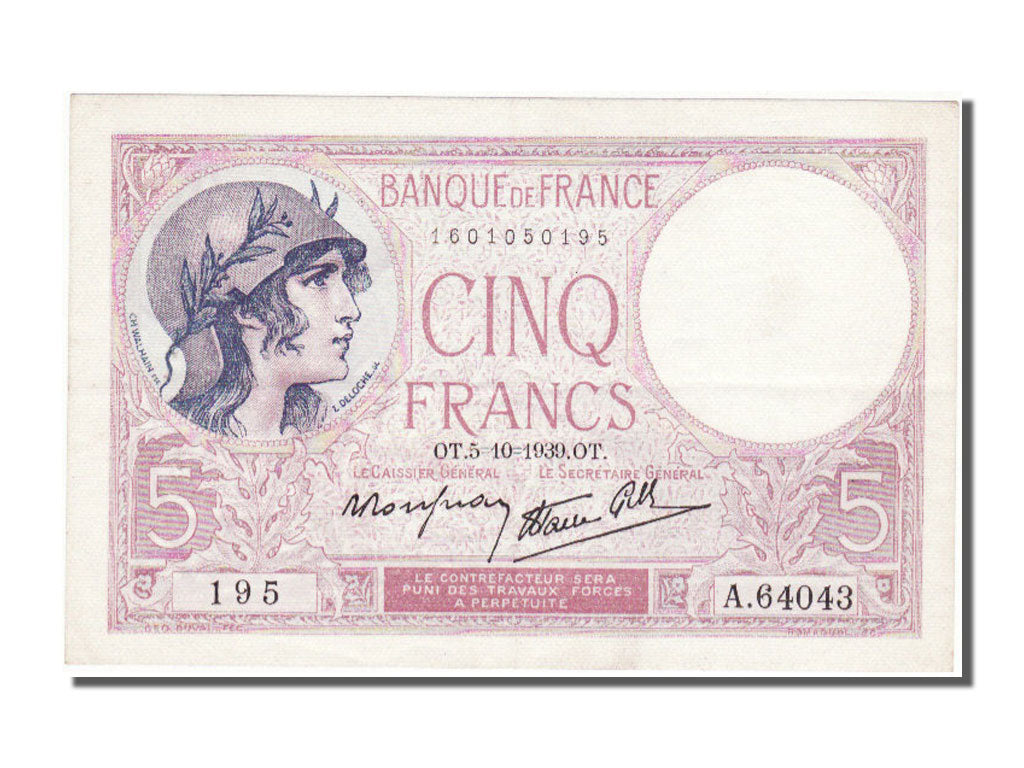 Banconote, Francia, 5 Francs, 5 F 1917-1940 ''Violet'', 1939, 1939-10-05, SPL