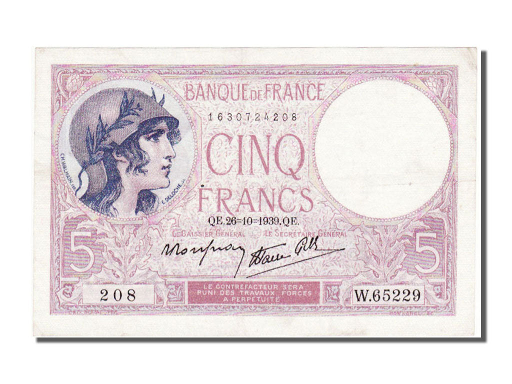 France, 5 Francs, 5 F 1917-1940 ''Violet'', 1939, KM #83, 1939-10-26,...