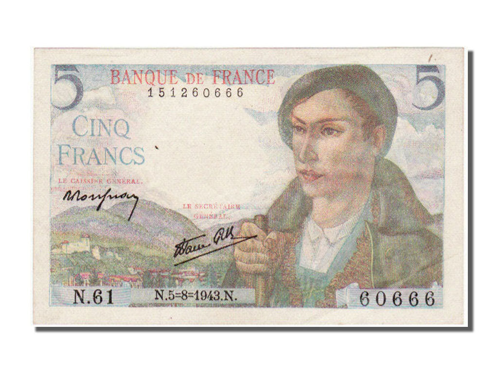 France, 5 Francs, 5 F 1943-1947 ''Berger'', 1943, KM #98a, 1943-08-05,...
