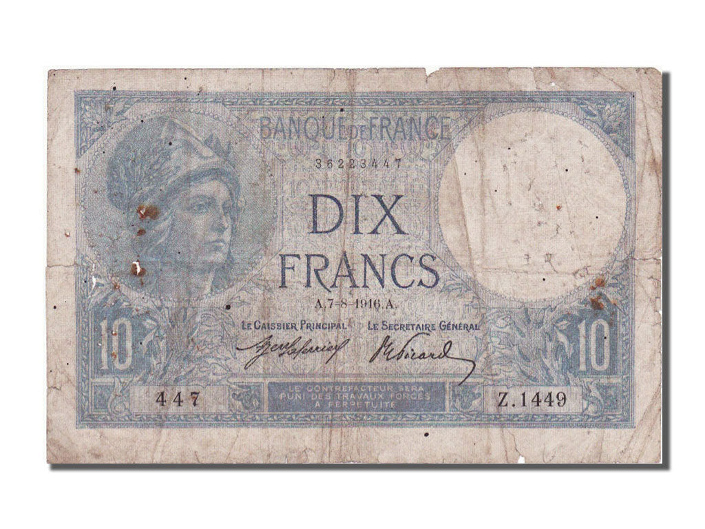 France, 10 Francs, 10 F 1916-1942 ''Minerve'', 1916, KM #73a, 1916-08-07,...