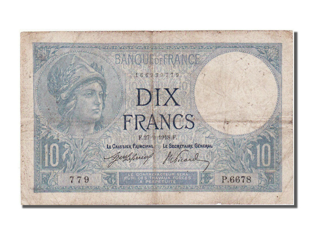 France, 10 Francs, 10 F 1916-1942 ''Minerve'', 1918, KM #73a, 1918-09-27,...
