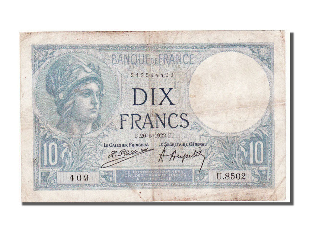 France, 10 Francs, 10 F 1916-1942 ''Minerve'', 1922, KM #73c, 1922-05-20,...