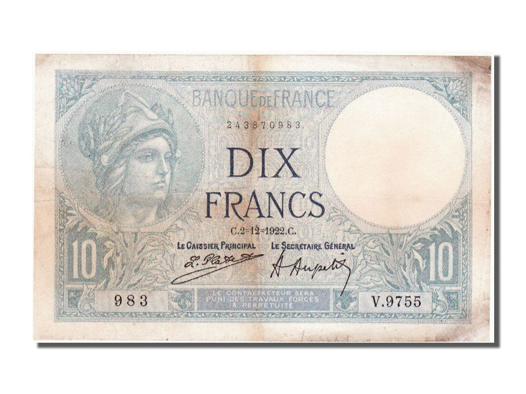 France, 10 Francs, 10 F 1916-1942 ''Minerve'', 1922, KM #73c, 1922-12-02,...