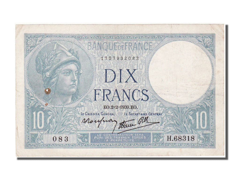 France, 10 Francs, 10 F 1916-1942 ''Minerve'', 1939, KM #84, 1939-02-02,...