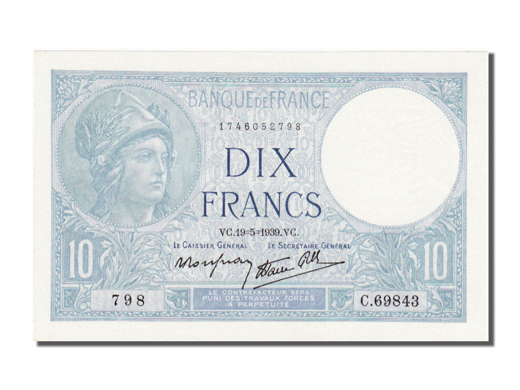 France, 10 Francs, 10 F 1916-1942 ''Minerve'', 1939, KM #84, 1939-05-19,...
