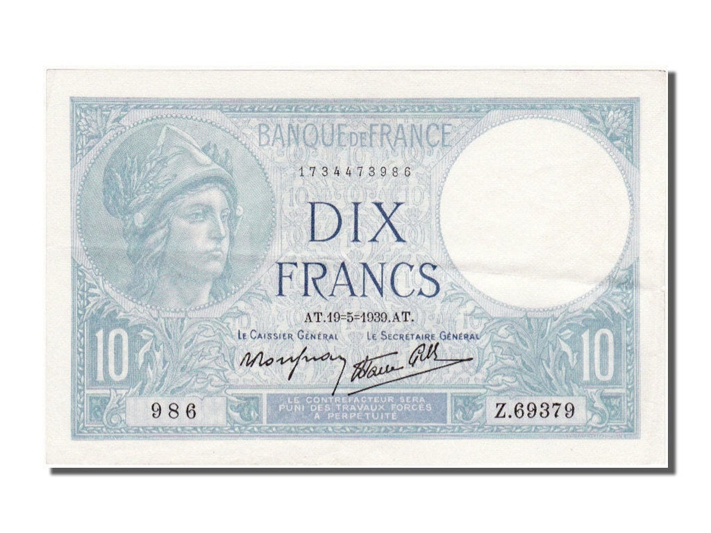 France, 10 Francs, 10 F 1916-1942 ''Minerve'', 1939, KM #84, 1939-05-19,...