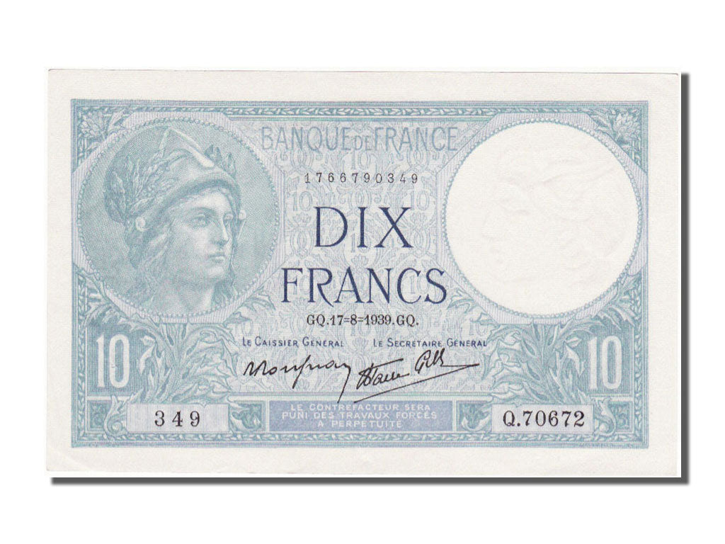 France, 10 Francs, 10 F 1916-1942 ''Minerve'', 1939, KM #84, 1939-08-17,...