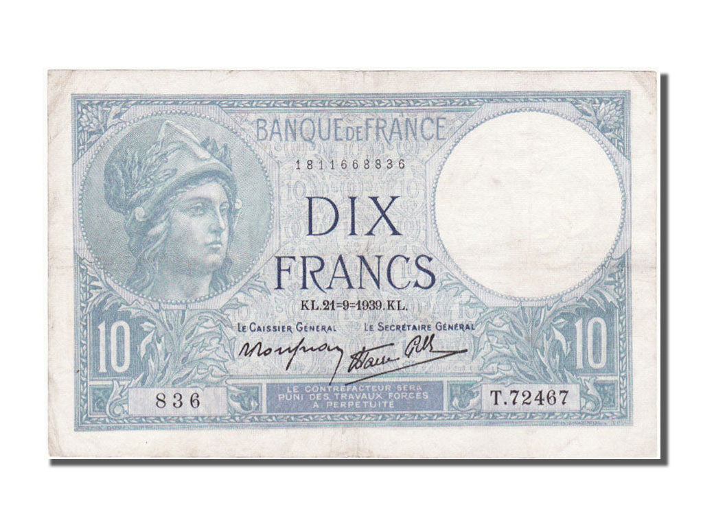 France, 10 Francs, 10 F 1916-1942 ''Minerve'', 1939, KM #84, 1939-09-21,...