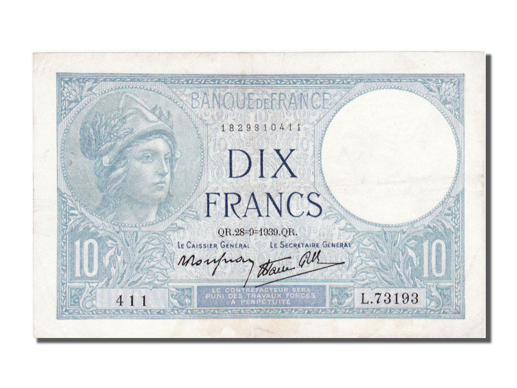 Billete, Francia, 10 Francs, 10 F 1916-1942 ''Minerve'', 1939, 1939-09-28, EBC