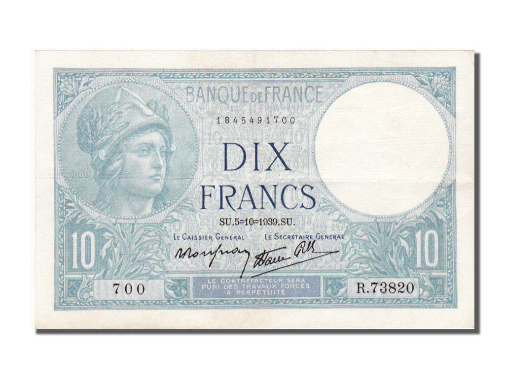 France, 10 Francs, 10 F 1916-1942 ''Minerve'', 1939, KM #84, 1939-10-05,...