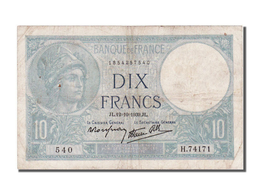 France, 10 Francs, 10 F 1916-1942 ''Minerve'', 1939, KM #84, 1939-10-12,...