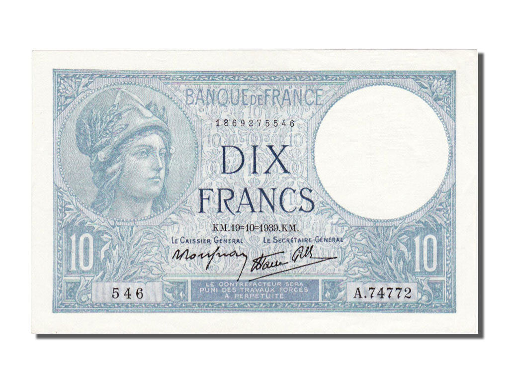 Francia, 10 Francs, 10 F 1916-1942 ''Minerve'', 1939, KM:84, 1939-10-19, SPL,...