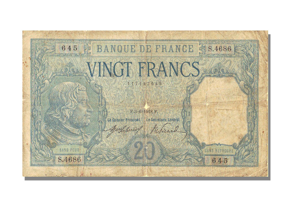 France, 20 Francs, 20 F 1916-1919 ''Bayard'', 1918, KM #74, 1918-06-03,...