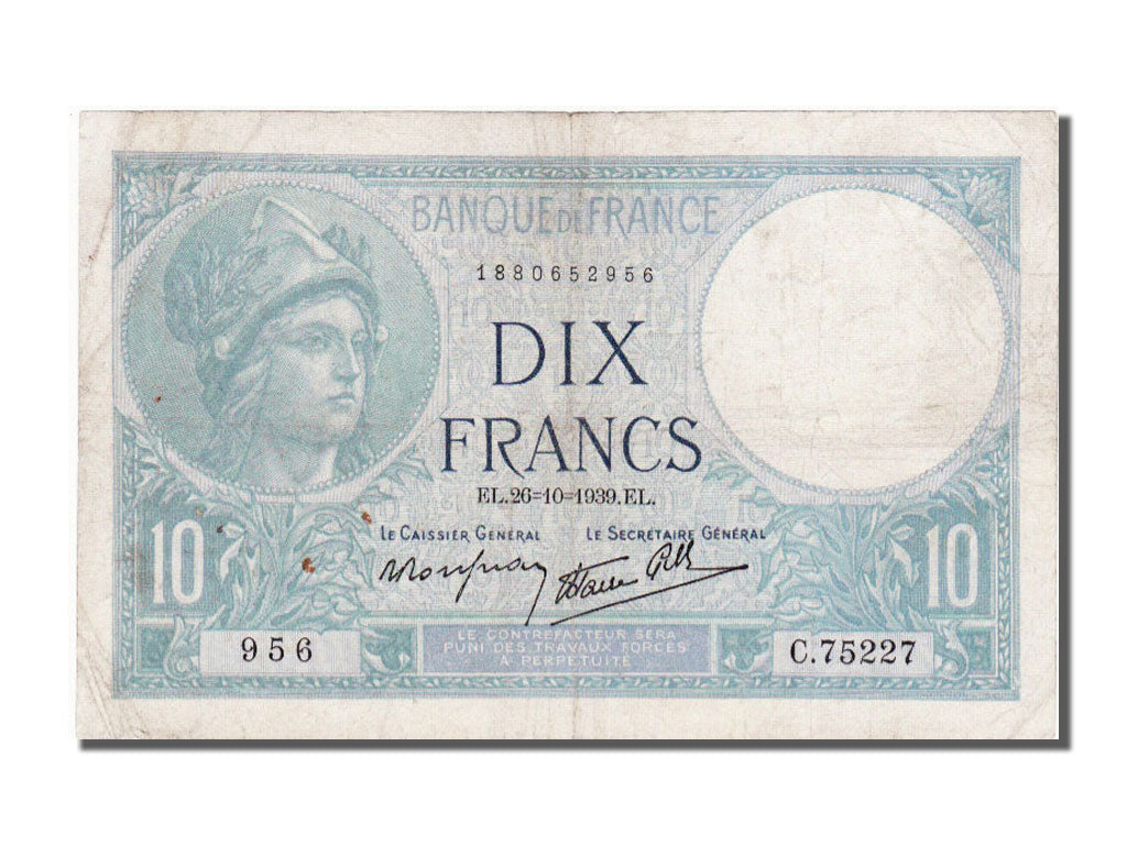 France, 10 Francs, 10 F 1916-1942 ''Minerve'', 1939, KM #84, 1939-10-26,...
