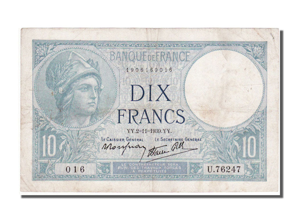 France, 10 Francs, 10 F 1916-1942 ''Minerve'', 1939, KM #84, 1939-11-02,...