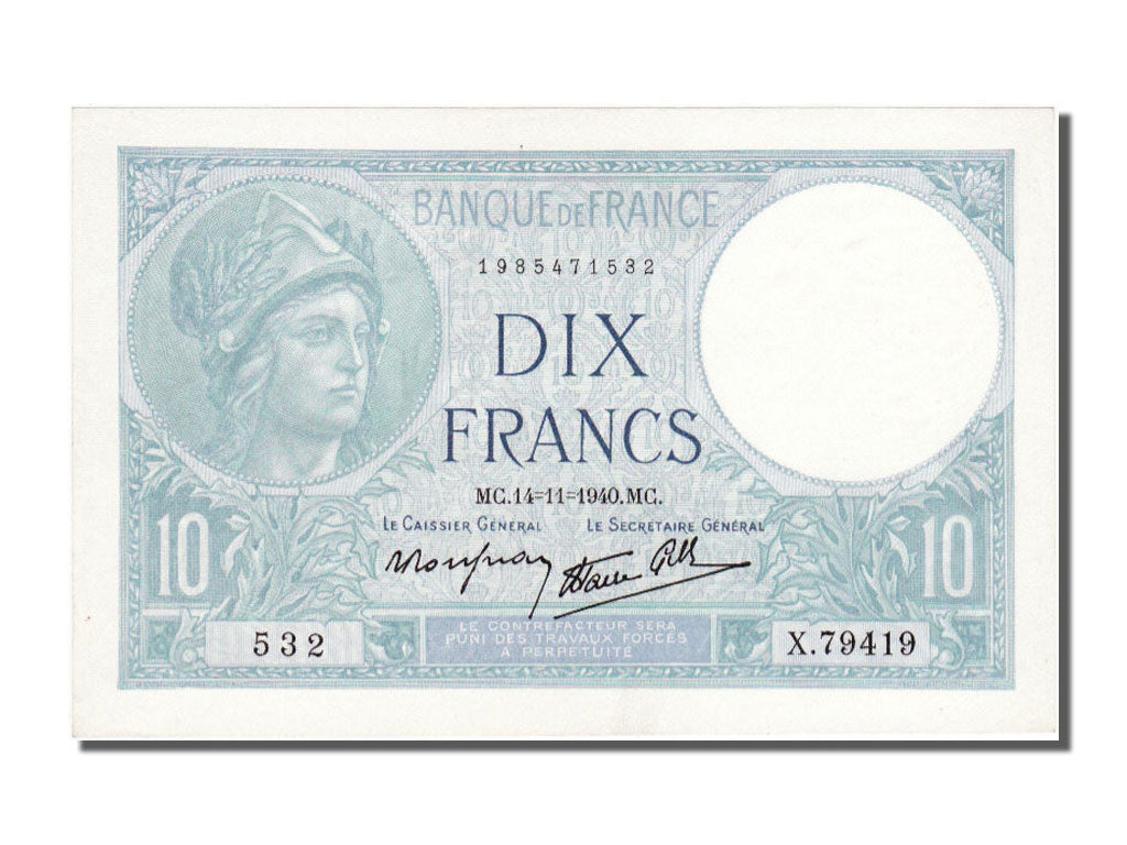 Geldschein, Frankreich, 10 Francs, 10 F 1916-1942 ''Minerve'', 1940, 1940-11-14