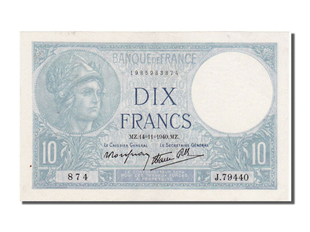 France, 10 Francs, 10 F 1916-1942 ''Minerve'', 1940, KM #84, 1940-11-14,...