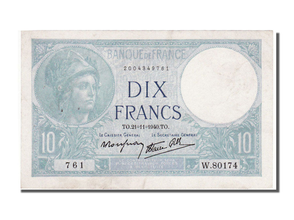 France, 10 Francs, 10 F 1916-1942 ''Minerve'', 1940, KM #84, 1940-11-21,...