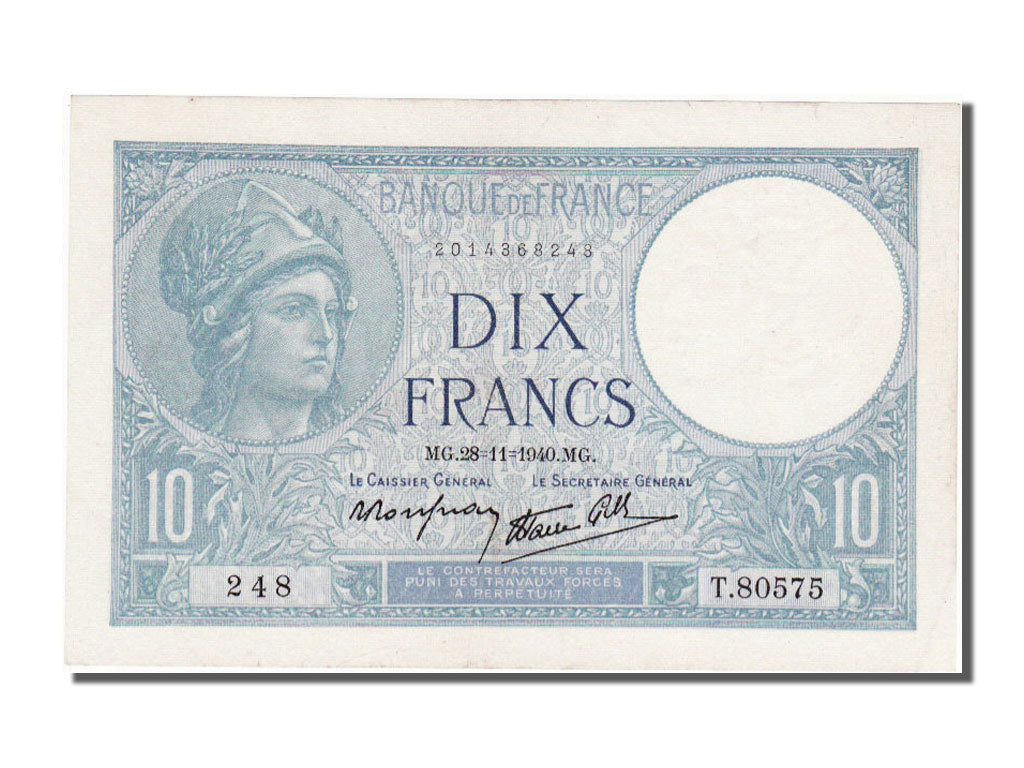 Biljet, Frankrijk, 10 Francs, 10 F 1916-1942 ''Minerve'', 1940, 1940-11-28, SPL