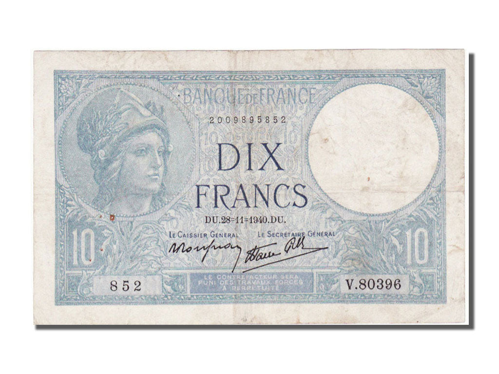 France, 10 Francs, 10 F 1916-1942 ''Minerve'', 1940, KM #84, 1940-11-28,...