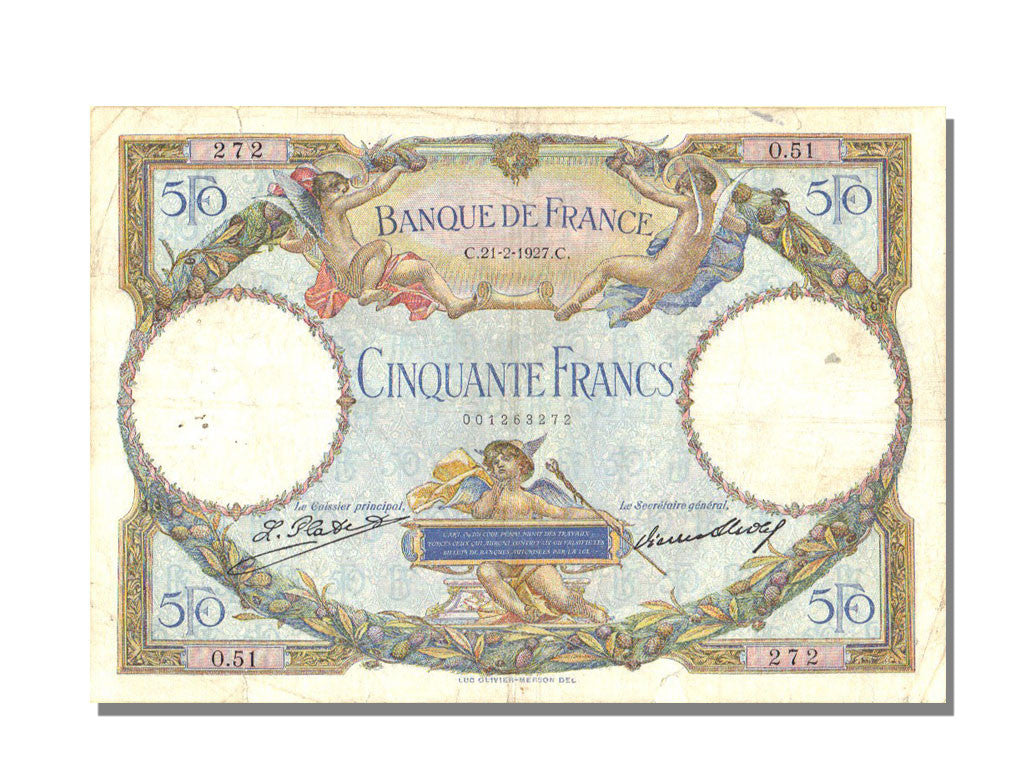 FRANCE, 50 Francs, 1927, KM #77a, 1927-02-21, VF(30-35), O.51, Fayette #15.1