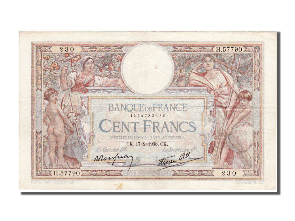 France, 100 Francs, 100 F 1908-1939 ''Luc Olivier Merson'', 1938, KM #86b,...