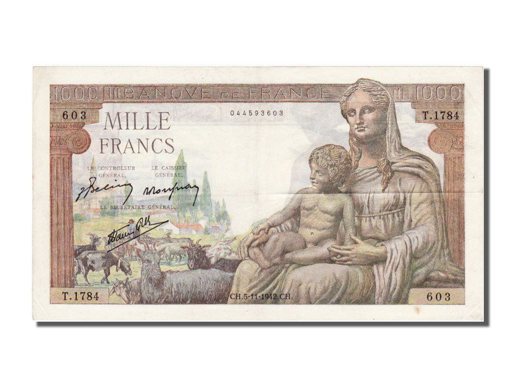 France, 1000 Francs, 1 000 F 1942-1943 ''Déesse Déméter'', 1942, KM #102, 194...