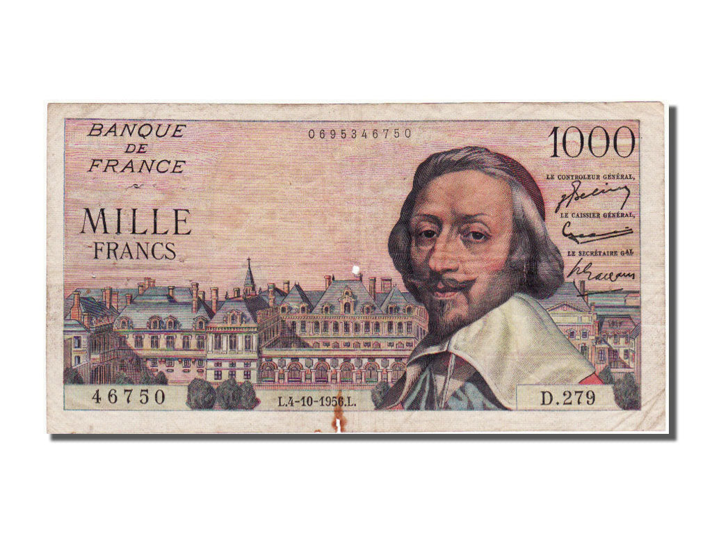 France, 1000 Francs, 1 000 F 1953-1957 ''Richelieu'', 1956, KM #134a,...