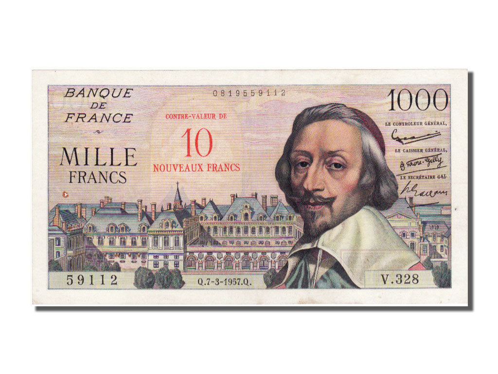 Banknote, France, 10 Nouveaux Francs on 1000 Francs, 1955-1959 Overprinted with