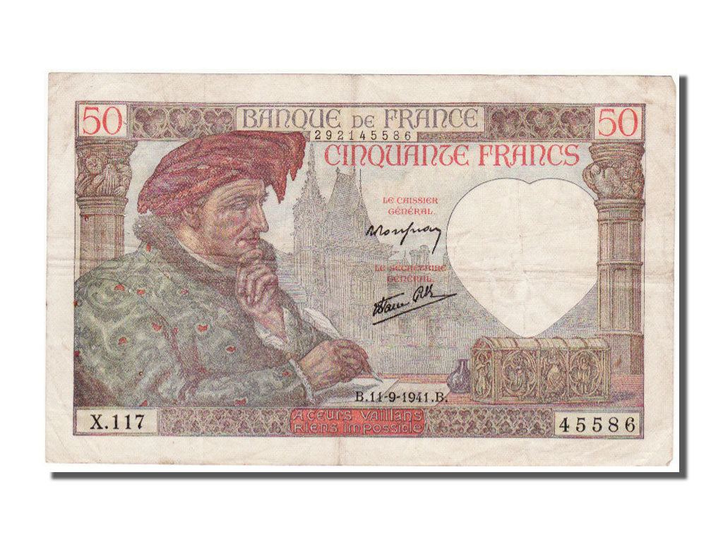 Banknot, Francja, 50 Francs, Jacques Coeur, 1941, 1941-09-11, EF(40-45)