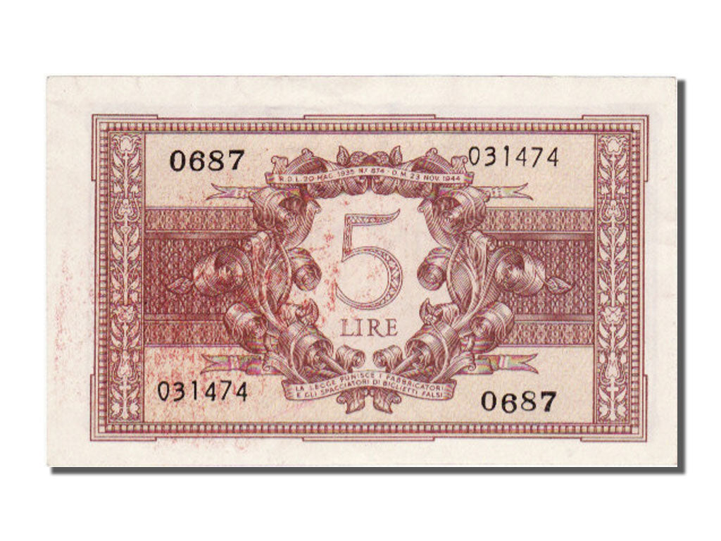 Italy, 5 Lire, 1944, KM #31c, 1944-11-23, UNC(64), O 687
