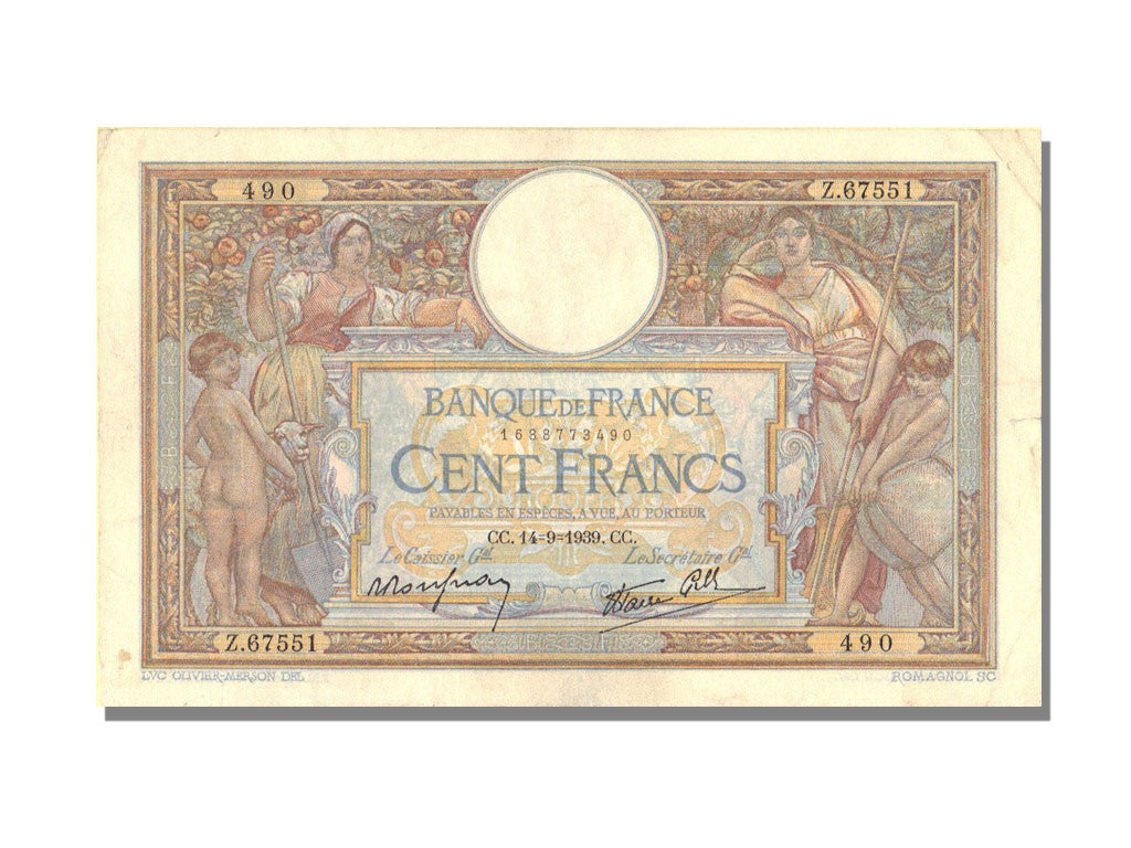 France, 100 Francs, 100 F 1908-1939 ''Luc Olivier Merson'', 1939, KM #86b,...