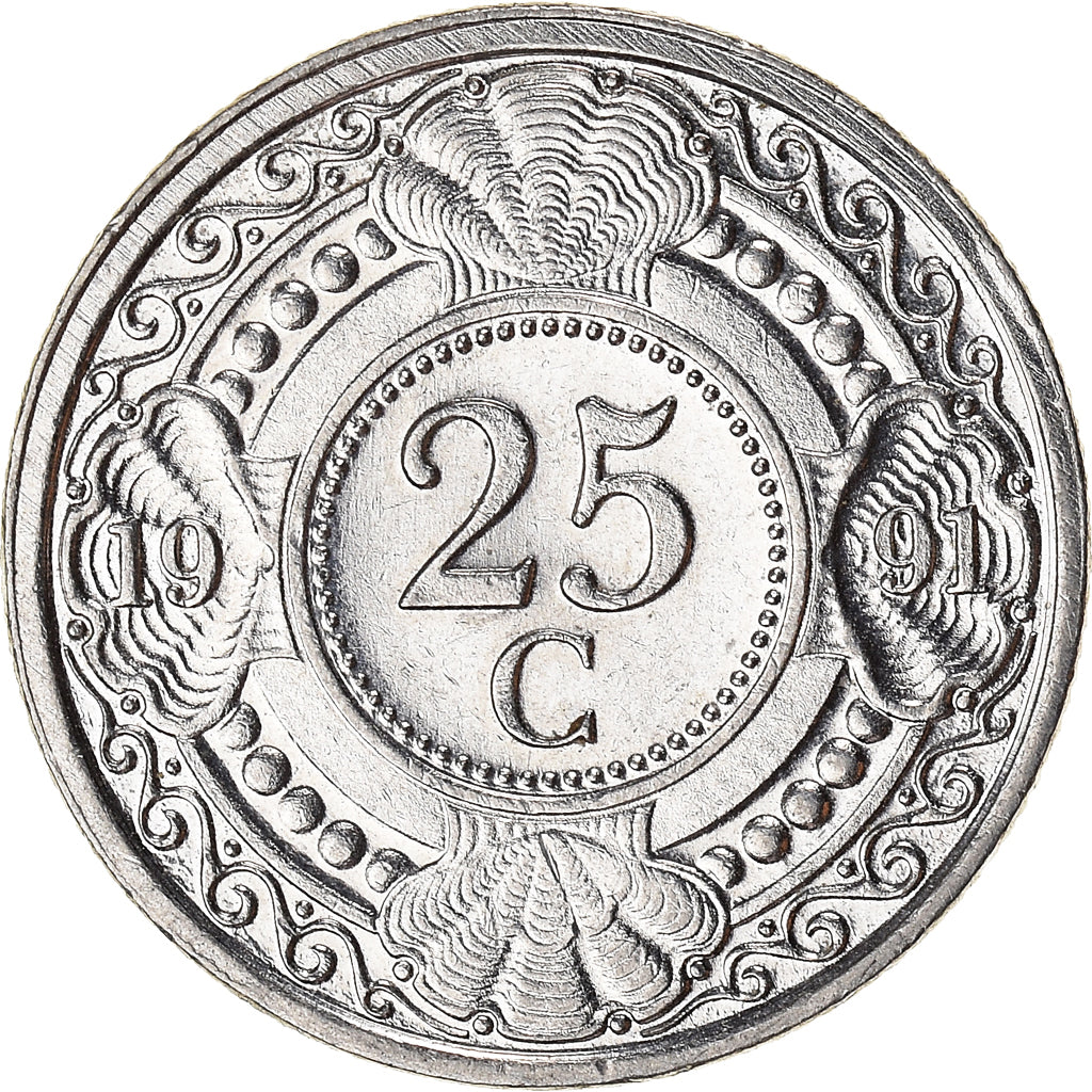 Antilhas Neerlandesas, 25 Cents, 1991, Aço Niquelado, EF(40-45)