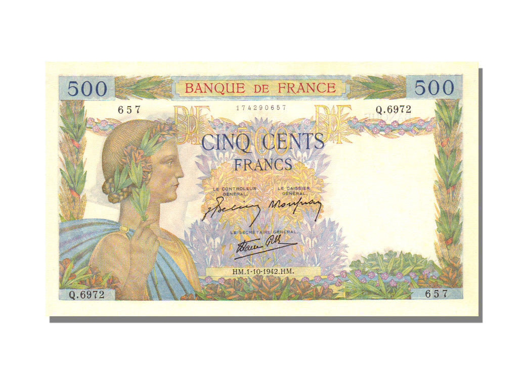 Geldschein, Frankreich, 500 Francs, 500 F 1940-1944 ''La Paix'', 1942