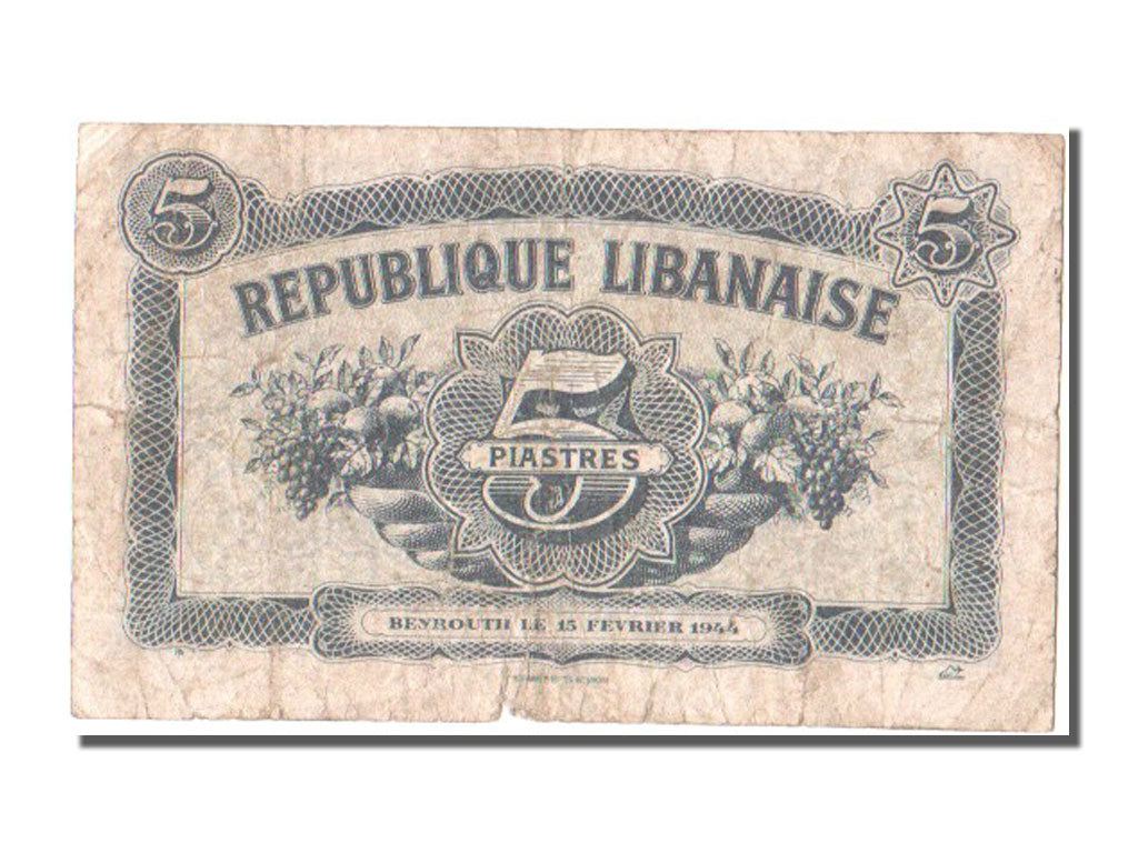 Lebanon, 5 Piastres, 1944, KM #38, 1944-02-15, VF(30-35)