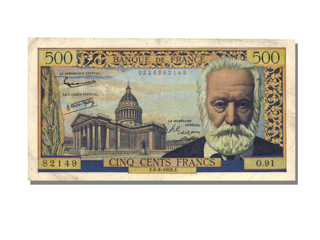 France, 500 Francs, 1958, KM #133b, 1958-02-06, AU(50-53), O.91, Fayette #35.8