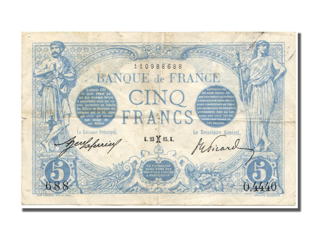 Geldschein, Frankreich, 5 Francs, 5 F 1912-1917 ''Bleu'', 1915, 1915-02-23, SS
