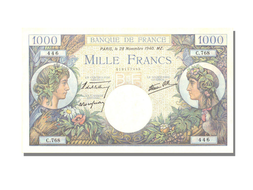 Banknote, France, 1000 Francs, 1 000 F 1940-1944 ''Commerce et Industrie''